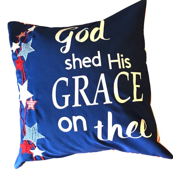 Patriotic Pillow Cover: Patchwork Stars, God Shed His Grace on Thee, 18x18 - Picture 6 of 7